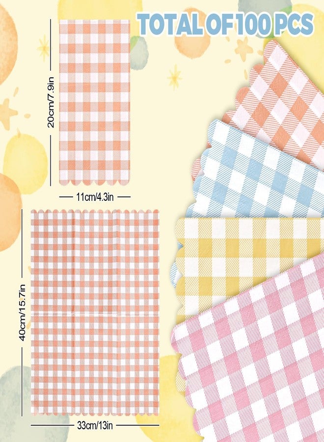 Whaline 100 Pcs Gingham Pastel Guest Napkins Colored Buffalo Plaid Scalloped Disposable Napkins Checkered Dinner Hand Paper Napkin for Wedding Bathroom Birthday Picnic Party Table Supplies - Image 2